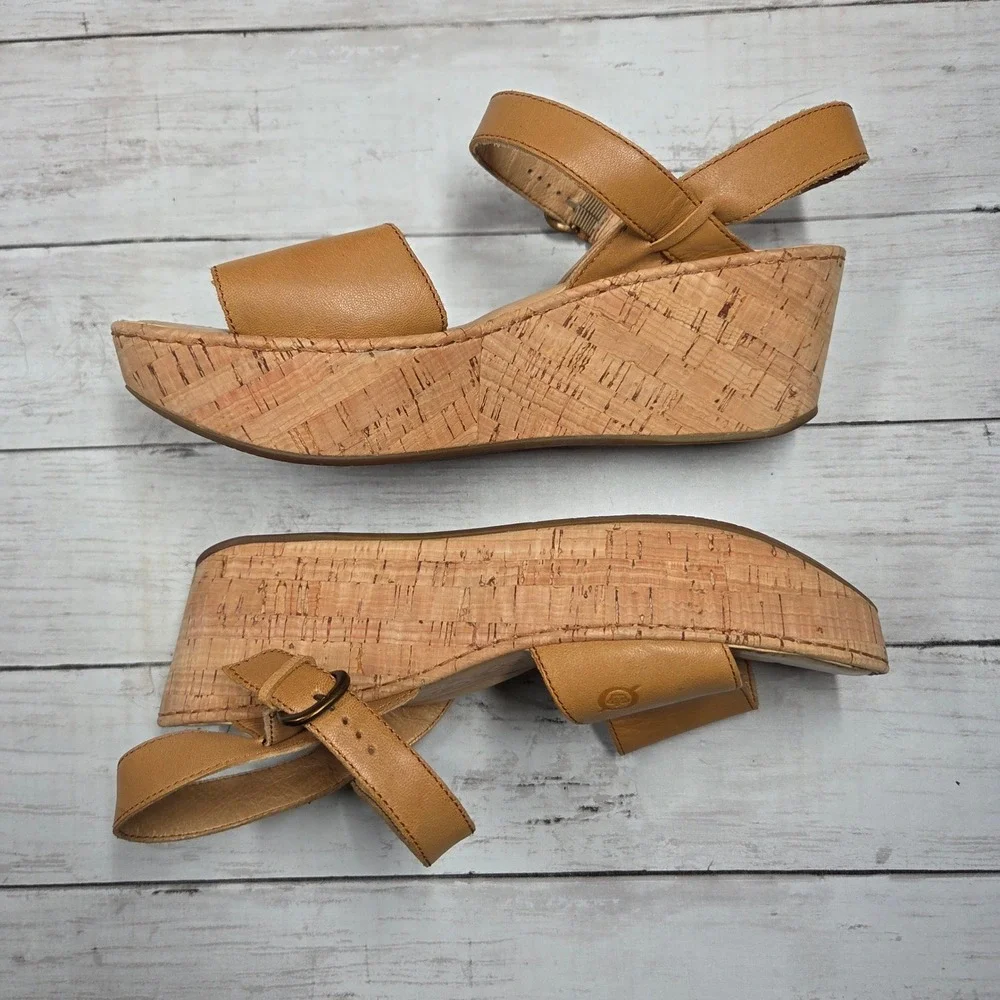 Born B81592 Platform Wedge Sandals Strappy Women 10 Tan Leather Cork